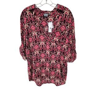 NWT Soho New York & Company Size L Burgundy Print Popover Top Blouse Deep V